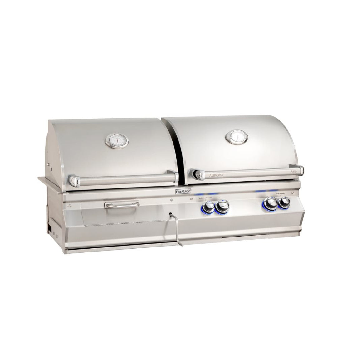 Fire Magic Aurora A830i built-in stainless steel dual-lid gas grill with integrated thermometers and blue LED control knobs for outdoor kitchen - Vine and Flame