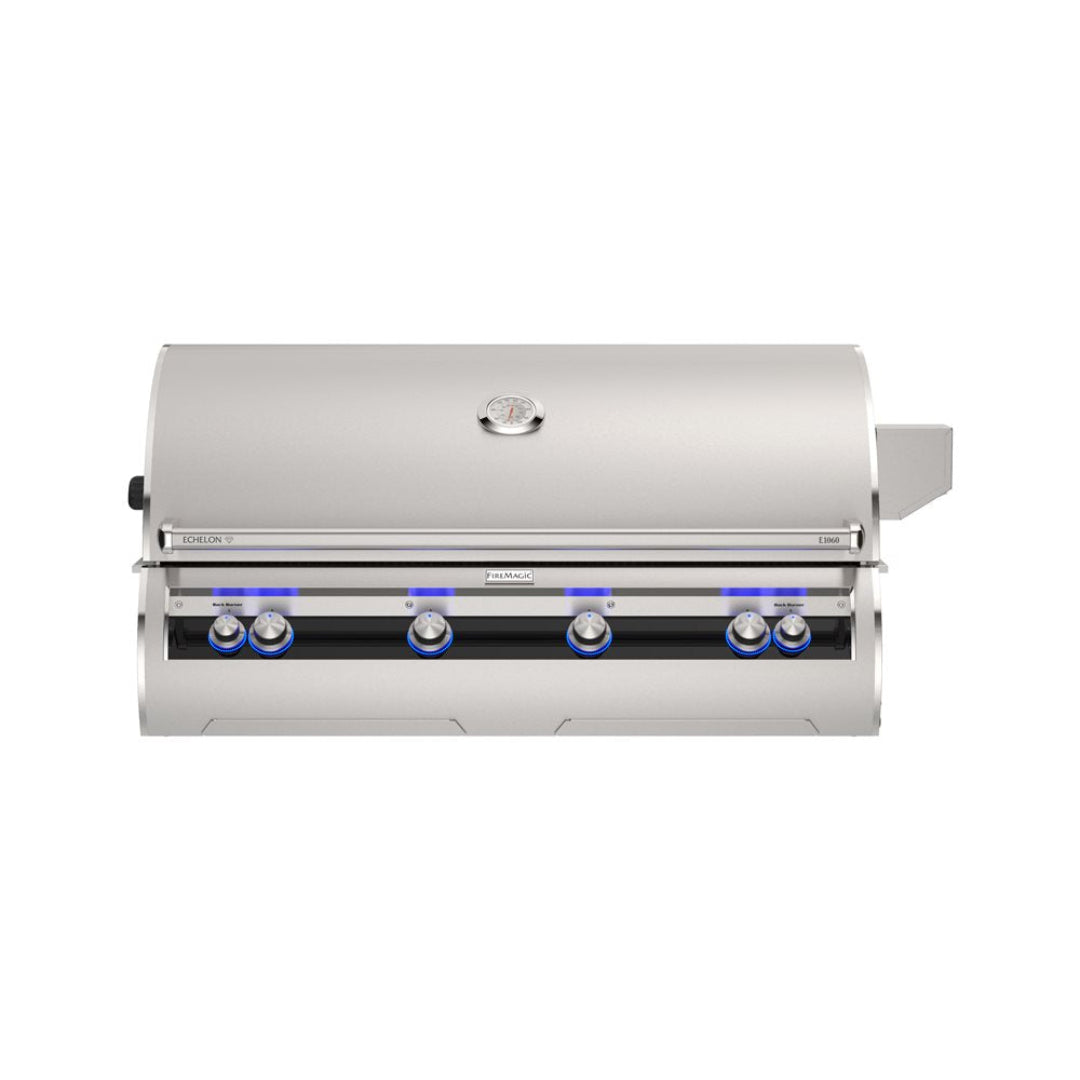 Fire Magic Echelon E1060i stainless steel built-in gas grill head with integrated lid thermometer and blue LED illuminated control knobs for premium outdoor kitchens