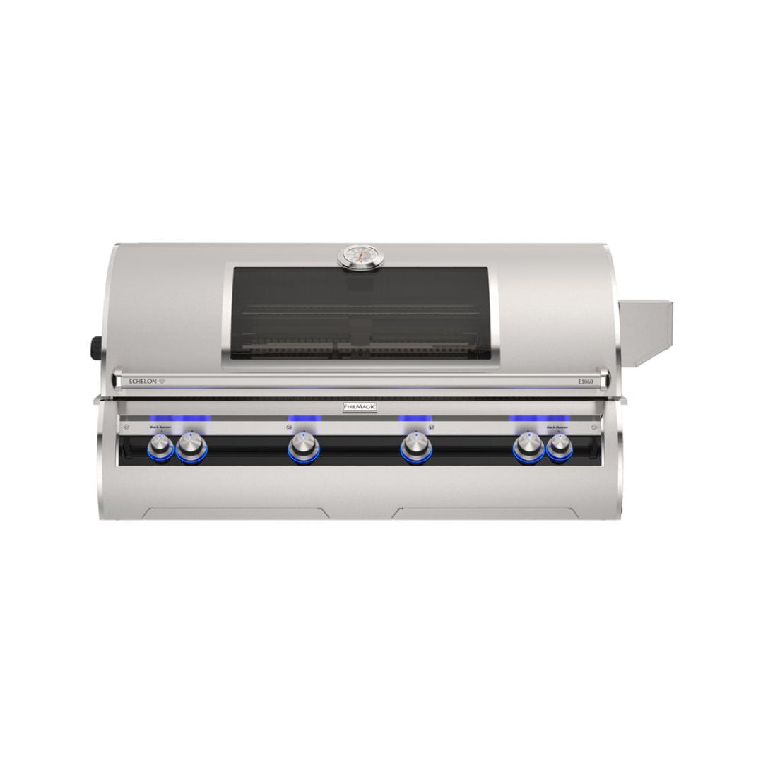 Fire Magic Echelon E1060i stainless steel built-in outdoor kitchen gas grill with viewing window and blue LED-illuminated control knobs