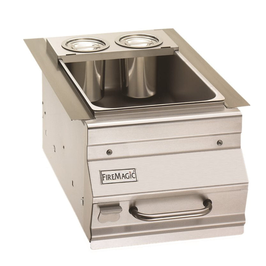 FireMagic stainless steel built-in drop-in ice chest cooler with removable bin two round condiment cup wells front drain pull-out access drawer outdoor kitchen accessory model 192-1D-S0