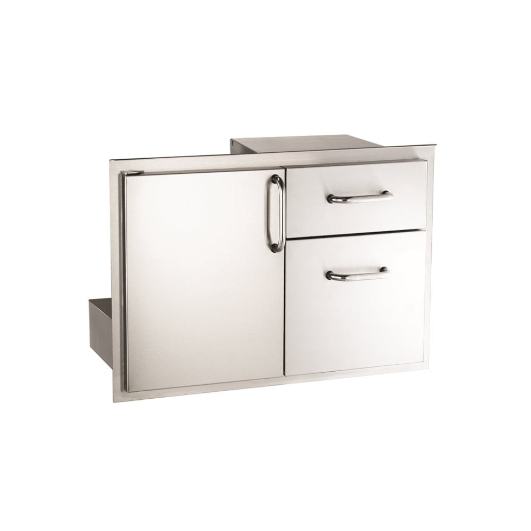 Fire Magic 33810S stainless steel outdoor kitchen access door and two-drawer combo for built-in grill island with stainless pull handles