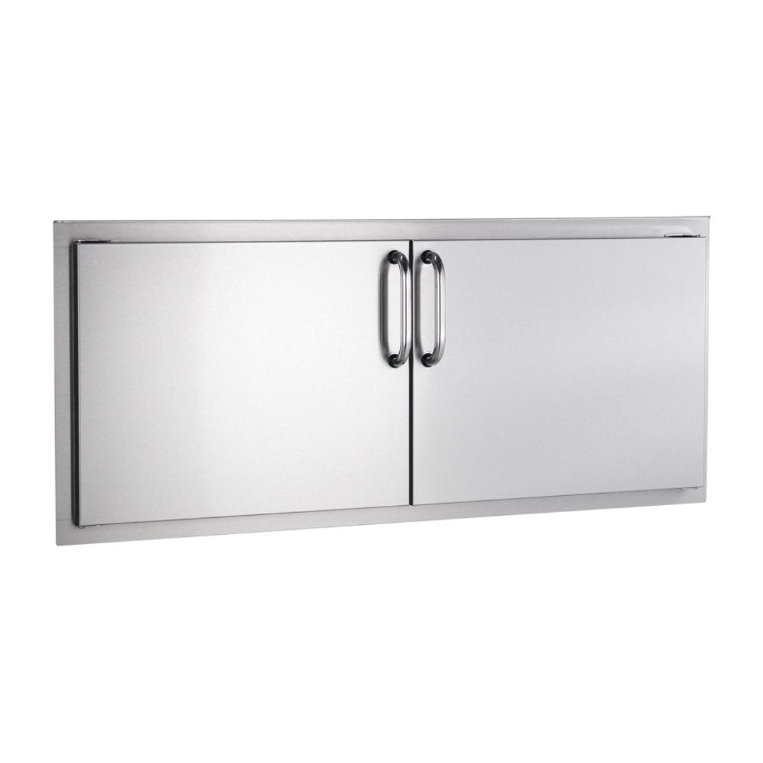 Fire Magic stainless steel double access door for built-in outdoor kitchen grill island storage, brushed two-door access panel with curved stainless handles