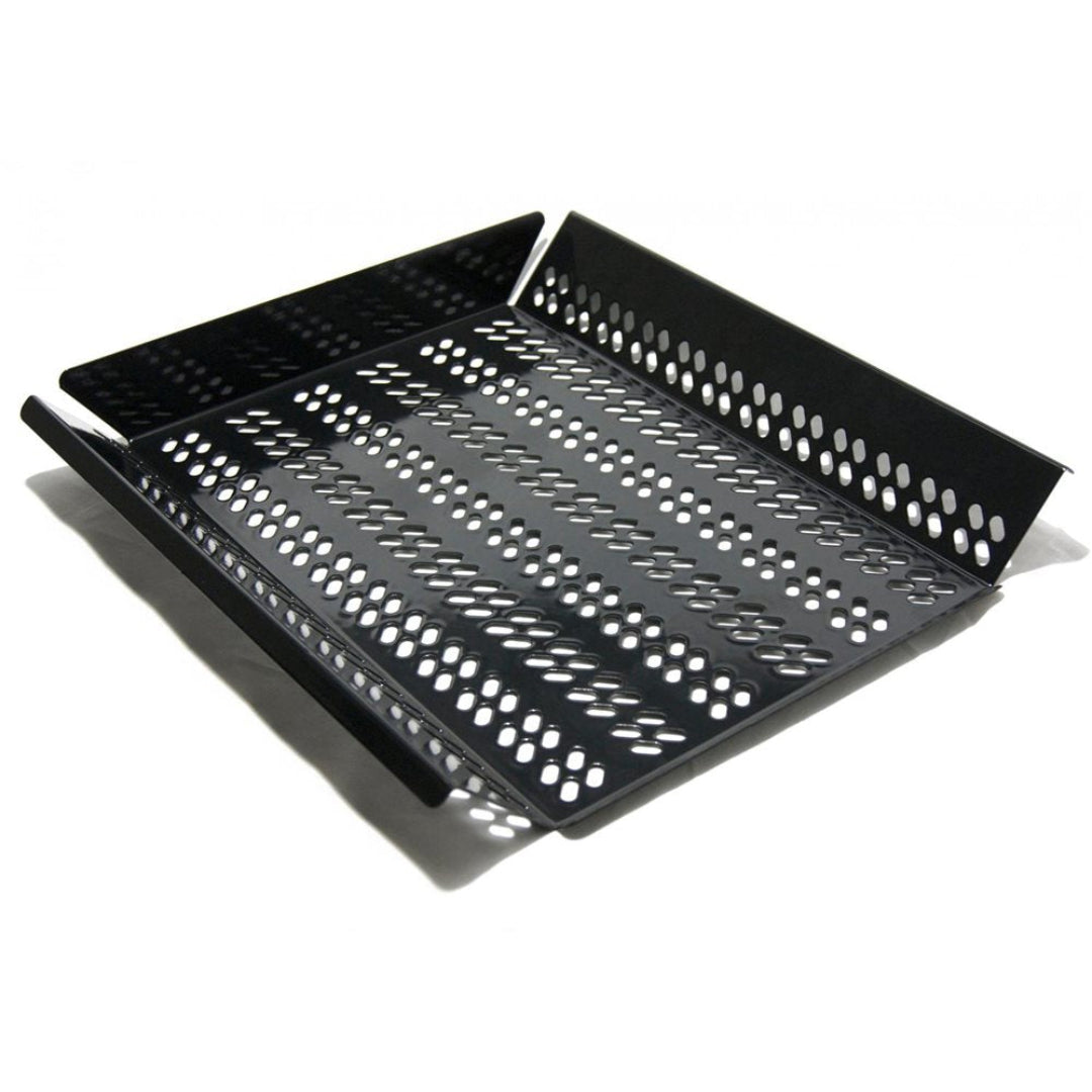 Perforated heavy-duty steel grill pan vegetable and seafood basket, non-stick black BBQ grilling tray for gas, charcoal and smoker grills