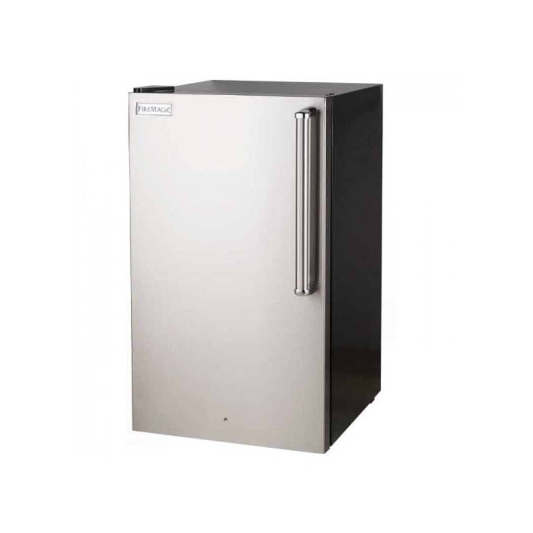 Fire Magic model 192-3598 stainless steel undercounter outdoor refrigerator compact beverage cooler for outdoor kitchens with vertical tubular handle