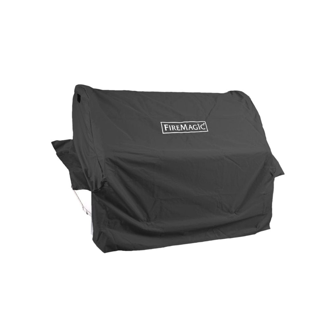 FireMagic heavy-duty black weather-resistant outdoor grill cover with logo for built-in FireMagic gas grills