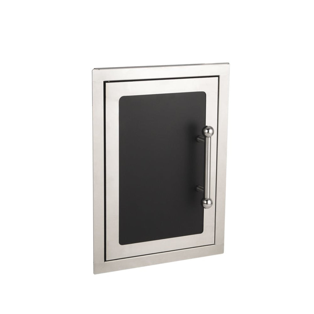 Stainless steel outdoor kitchen access door with black powder-coated center panel and vertical tubular handle, replacement built-in grill island cabinet door