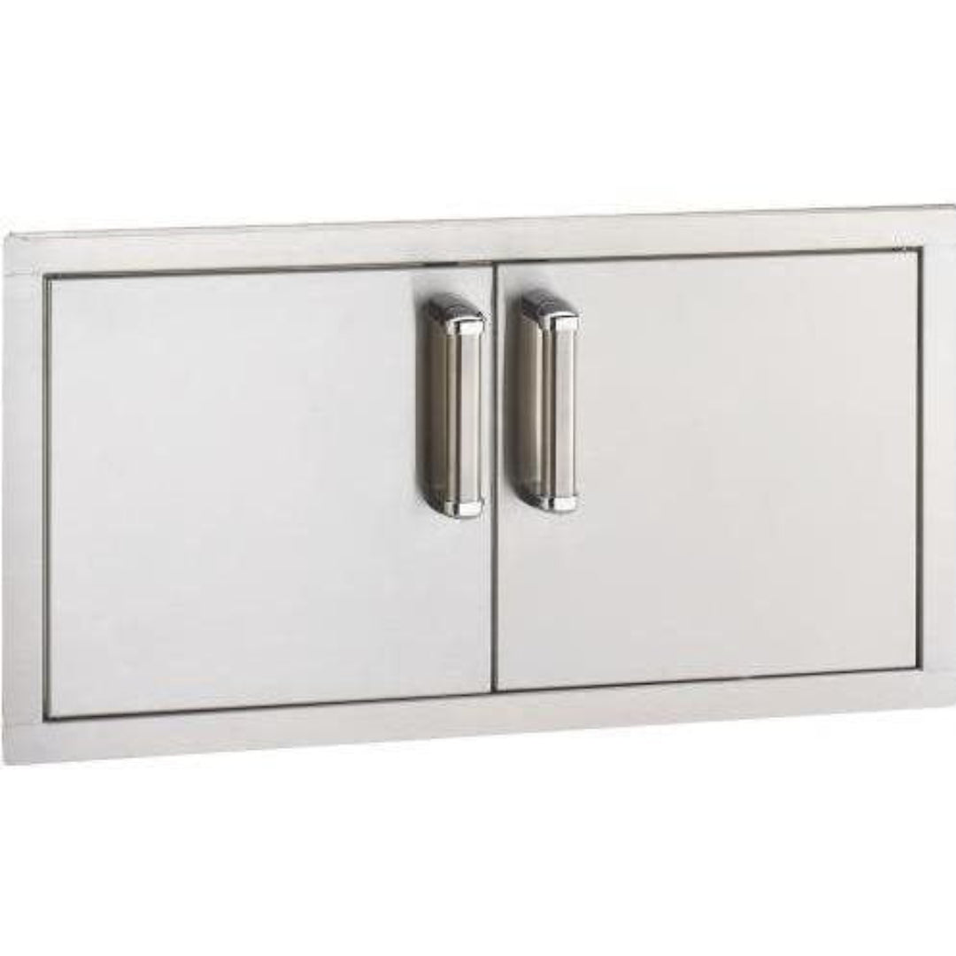 Stainless steel double access door with brushed bar handles, flush-mount outdoor kitchen cabinet panel for built-in grill storage