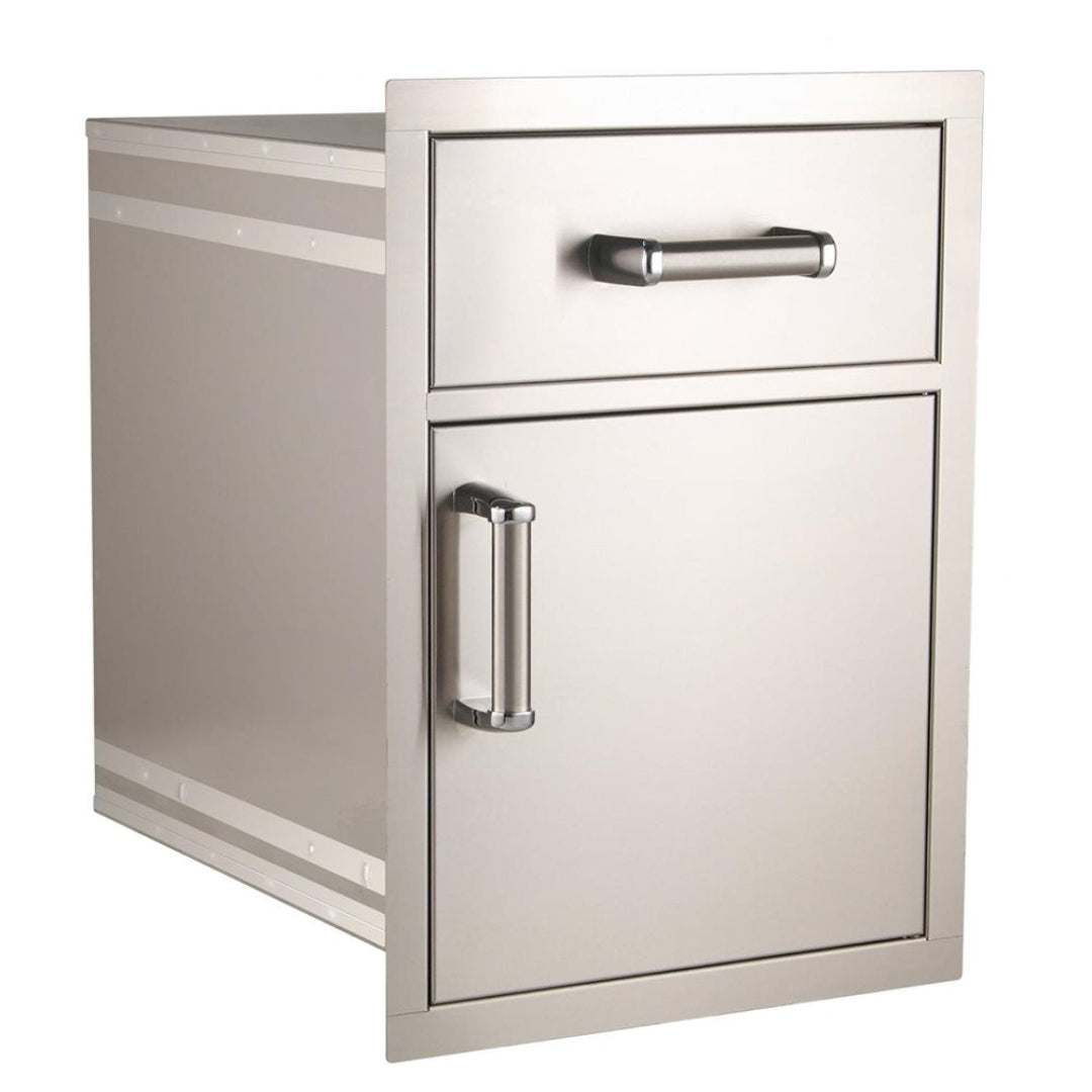 Fire Magic 18-inch stainless steel outdoor kitchen access door and drawer combo model 54018, single drawer above single cabinet door with tubular handles for built-in grill island storage