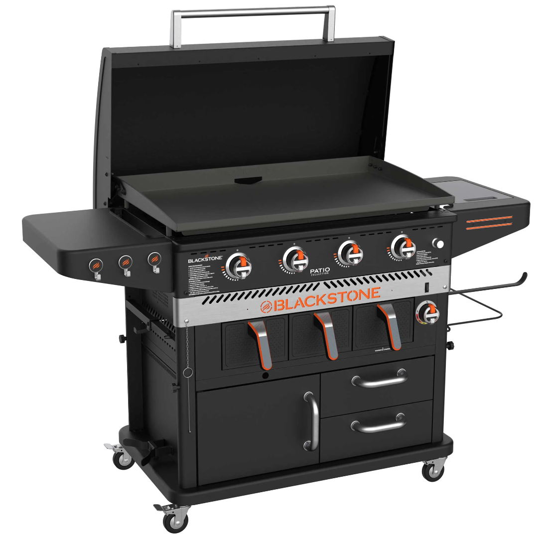 Blackstone 36-inch Patio Collection 4-burner propane flat-top outdoor griddle grill cart with integrated air fryer combo, side shelves, storage drawers and locking caster wheels