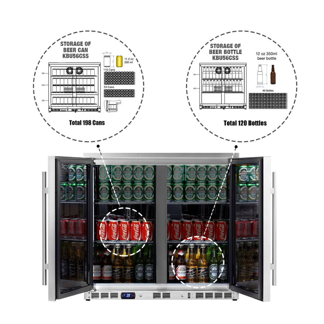 KBU56ASD stainless steel 2-door outdoor beverage refrigerator double-glass doors undercounter front-vented beer and soda cooler digital display holds 198 cans or 120 bottles