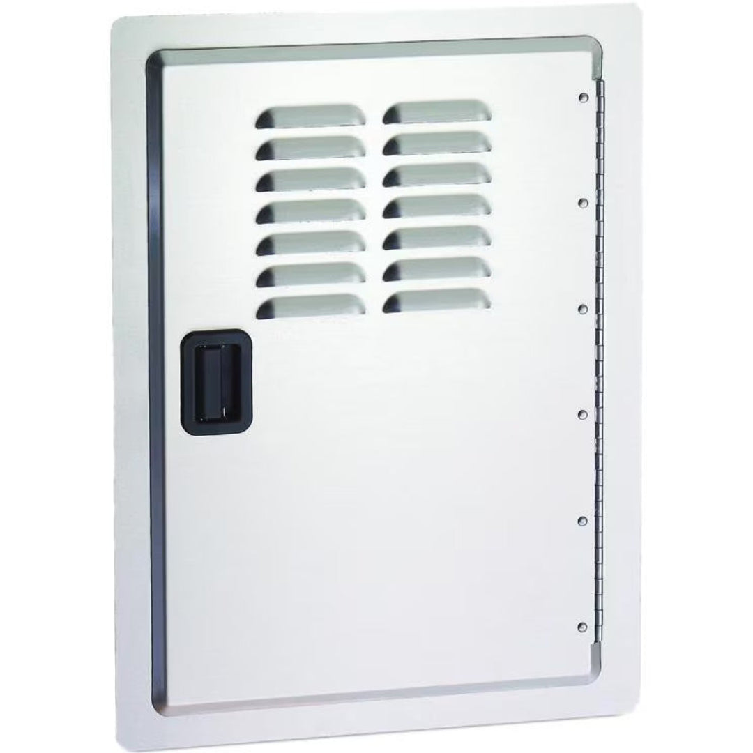 20-14-SDV 20x14 vented white RV access door with louvered vents, black recessed handle and right-side full-length piano hinge — trailer/marine furnace and water heater service panel