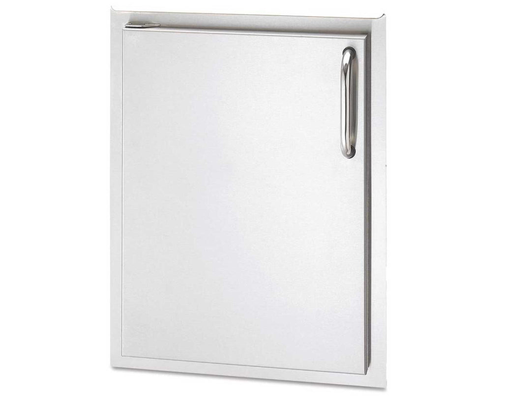 American outdoor grill left-hinged single access door made of 304 stainless steel, designed for outdoor kitchen use. The door is closed and has a vertical handle on the right side.