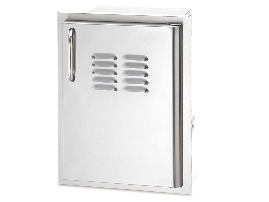 A 20-Inch x 14-Inch stainless steel propane tank access door with a vented panel and a stainless steel handle, designed for flush-mount into outdoor kitchen islands.