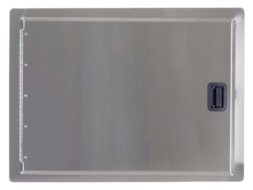Vine & Flame model 23912-S stainless steel outdoor kitchen access door, left-hinged flush panel with recessed black pull handle for grill island cabinet