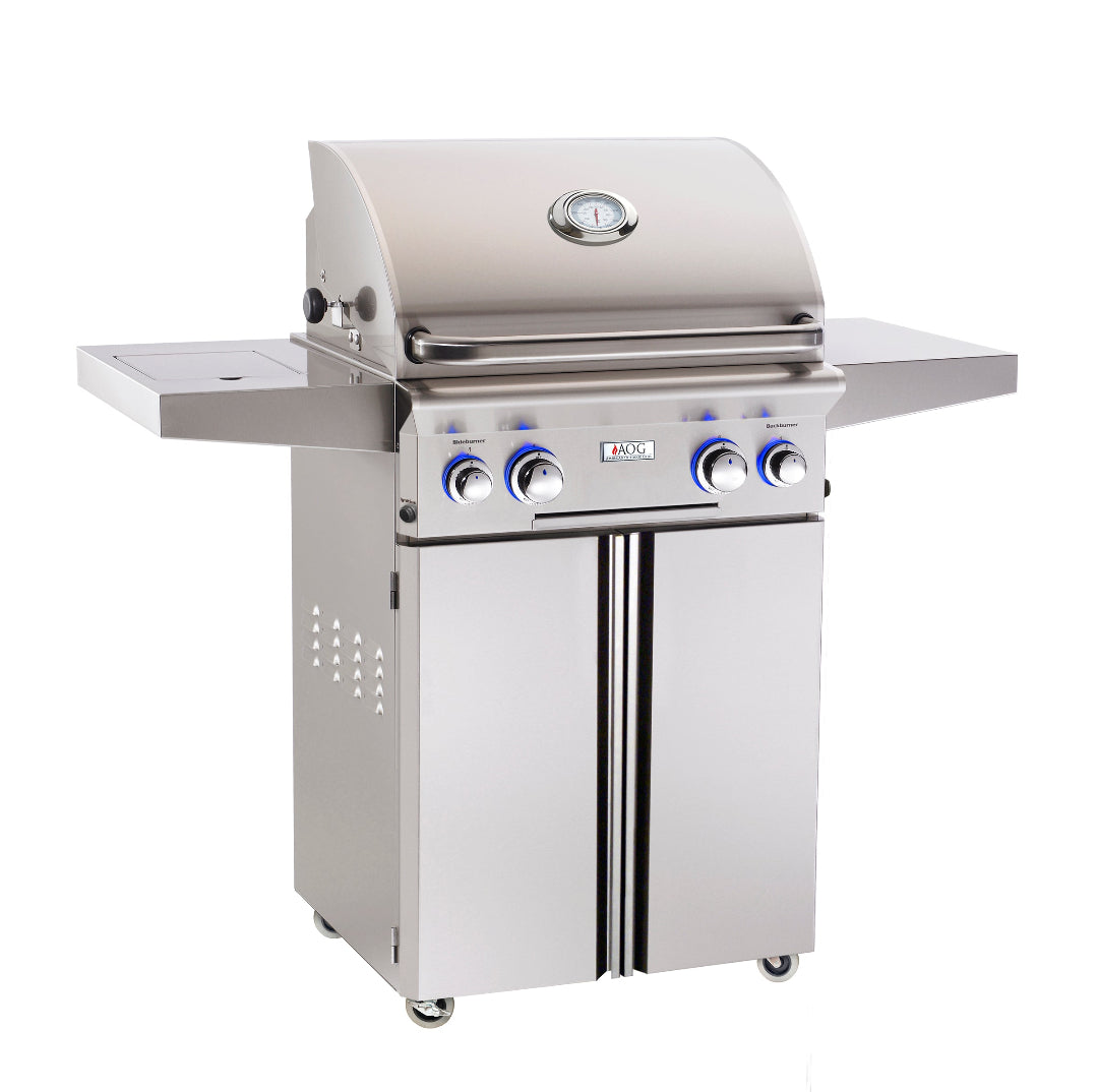 24PCL 24-inch stainless steel 3-burner gas grill cart with side burner, folding side shelves, built-in lid thermometer, double-door storage cabinet and caster wheels