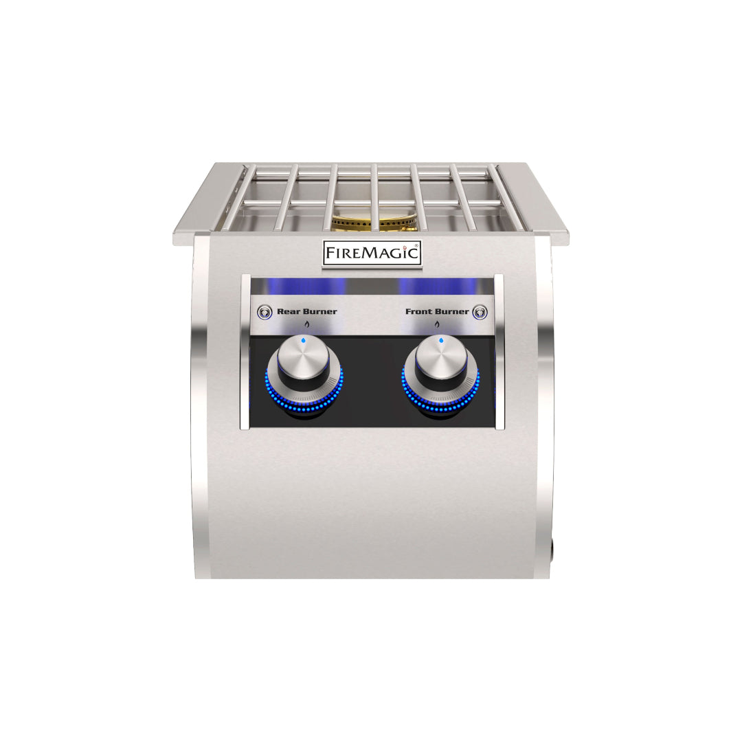 FireMagic Echelon double side burner built‑in stainless steel 2‑burner gas side burner for outdoor kitchen with brass burner, stainless grate and blue LED illuminated control knobs