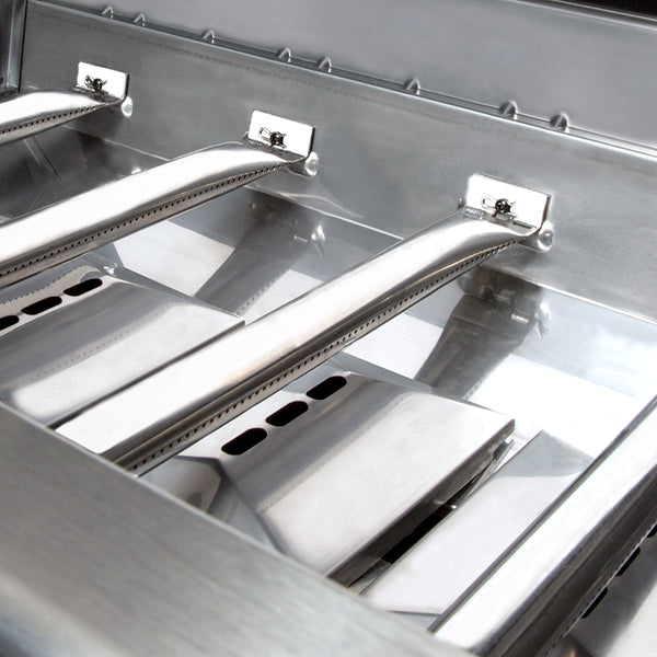 Vine & Flame 304 stainless steel cookbox for built-in gas grill with 3 U-shaped tubular burners and stainless heat plates