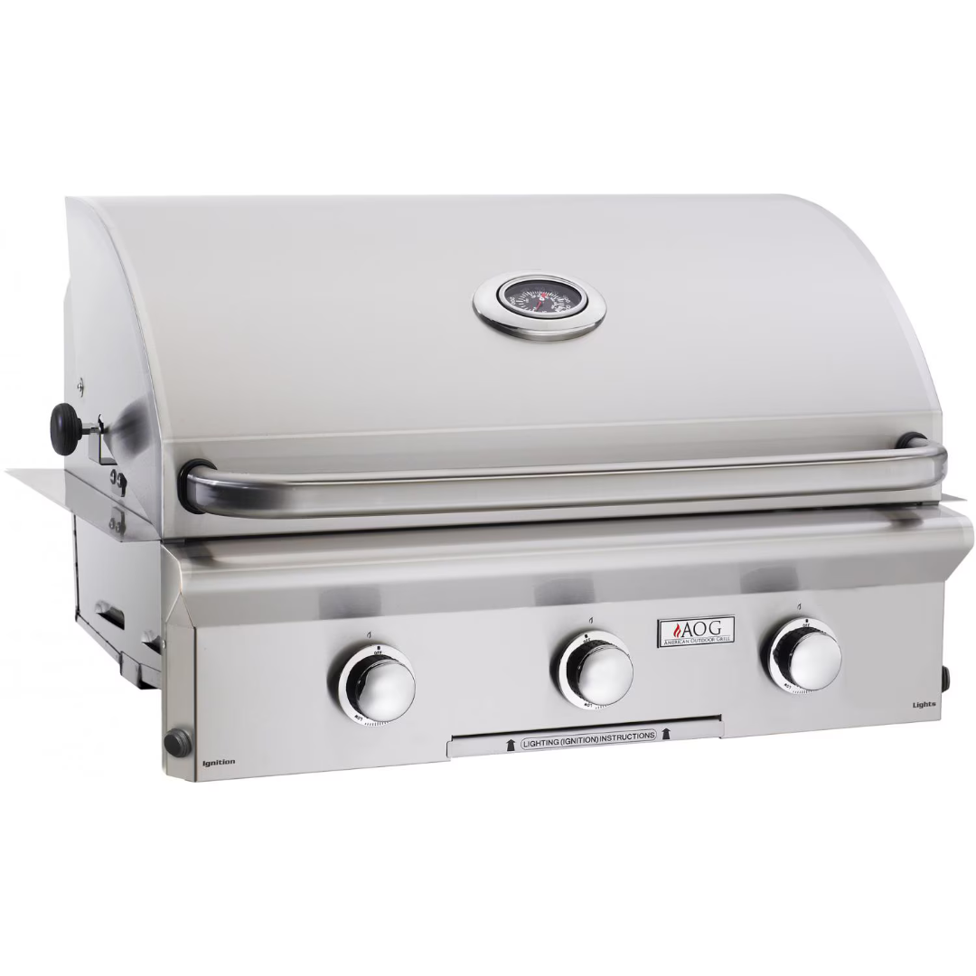 AOG 30NBL-00SP 30-inch stainless steel built-in three-burner gas grill head with hood thermometer, tubular stainless handle and front control knobs, replacement outdoor kitchen grill body