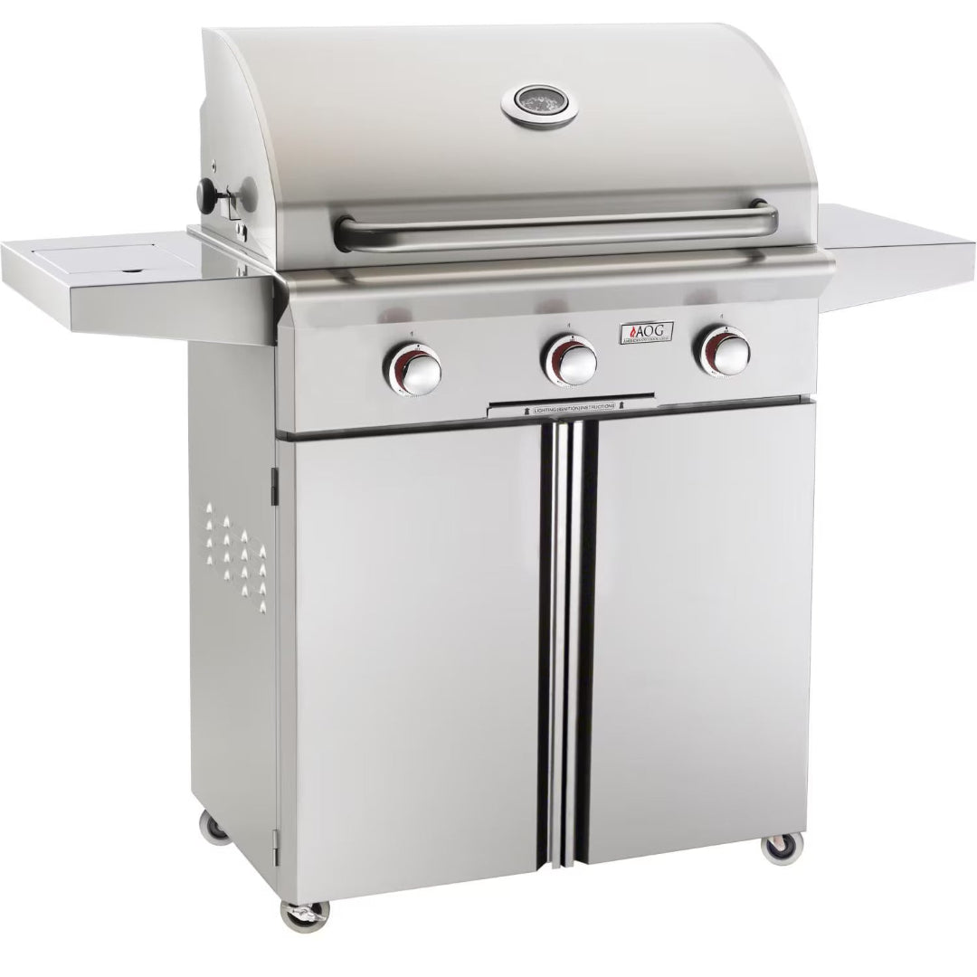 AOG 30-inch stainless steel 3-burner freestanding gas grill cart with double-door storage cabinet, folding side shelves, hood thermometer and caster wheels