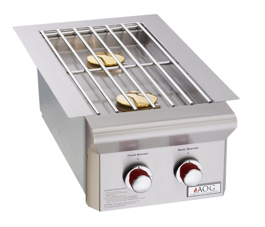 AOG 3282T built-in 2-burner stainless steel drop-in side burner with brass caps and chrome cooking grate for outdoor kitchen