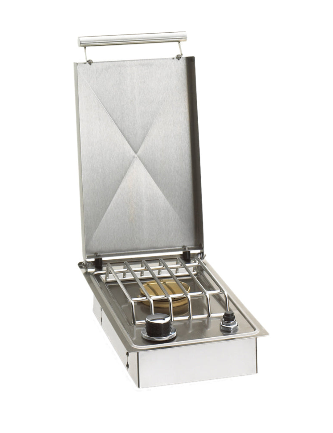 Stainless steel drop-in single burner fire pit insert with brass ring, hinged cover, stainless grate and gas control knob for propane or natural gas fire tables and outdoor fire pits