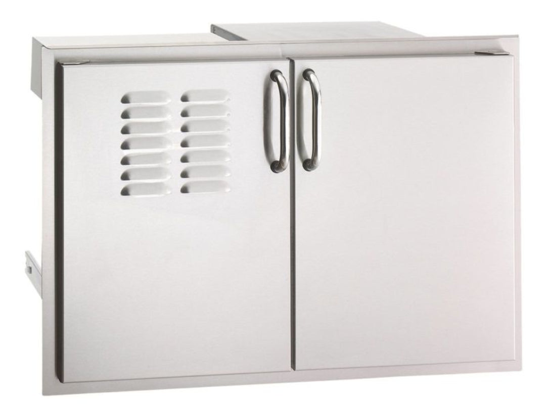 Stainless steel outdoor kitchen double access door with left vent louvers and dual pull handles, model 33930s-12t, flush-mount BBQ cabinet door Fier Magic 