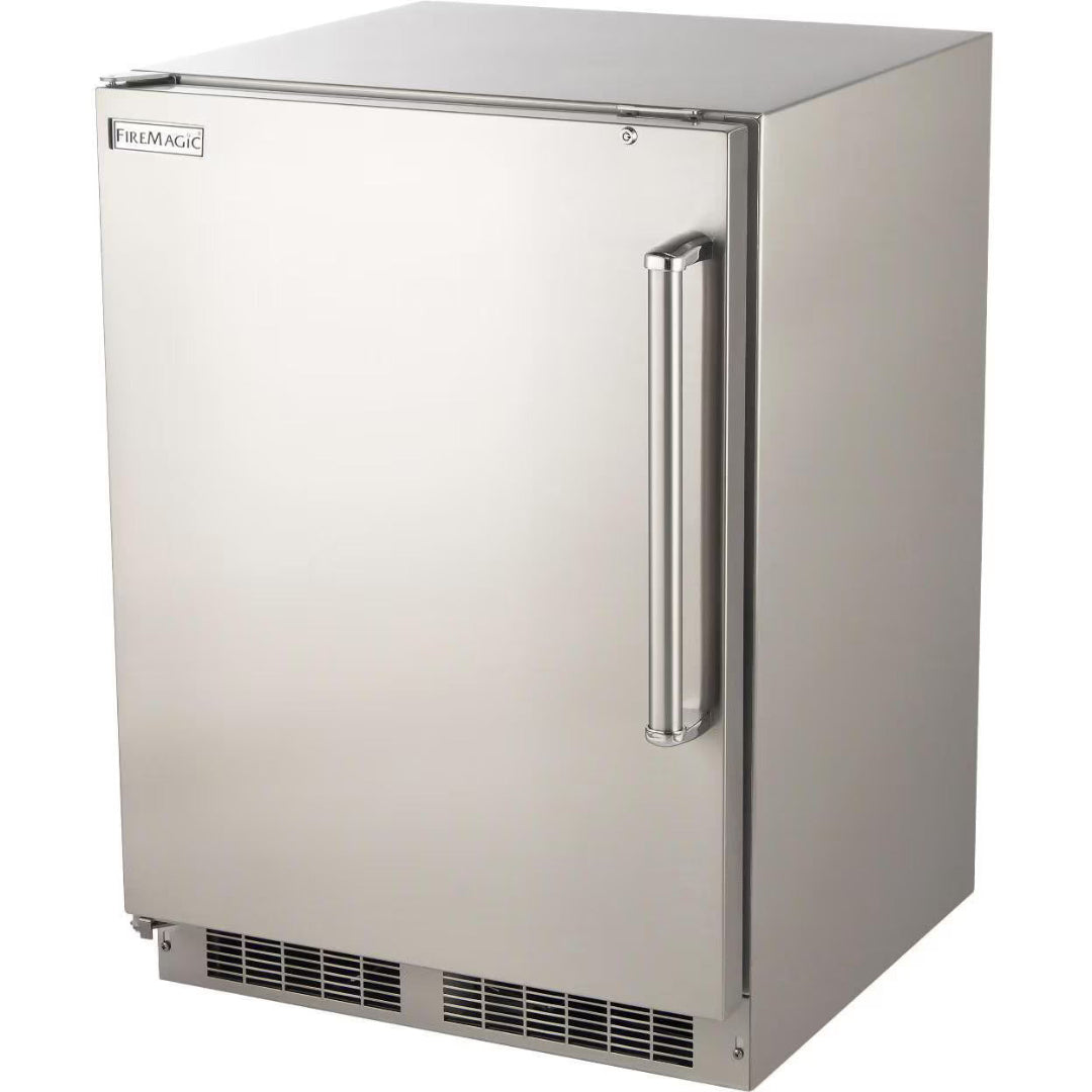 FireMagic 3589DL stainless steel built-in undercounter outdoor refrigerator single-door front-vented beverage cooler with tubular bar handle for outdoor kitchen