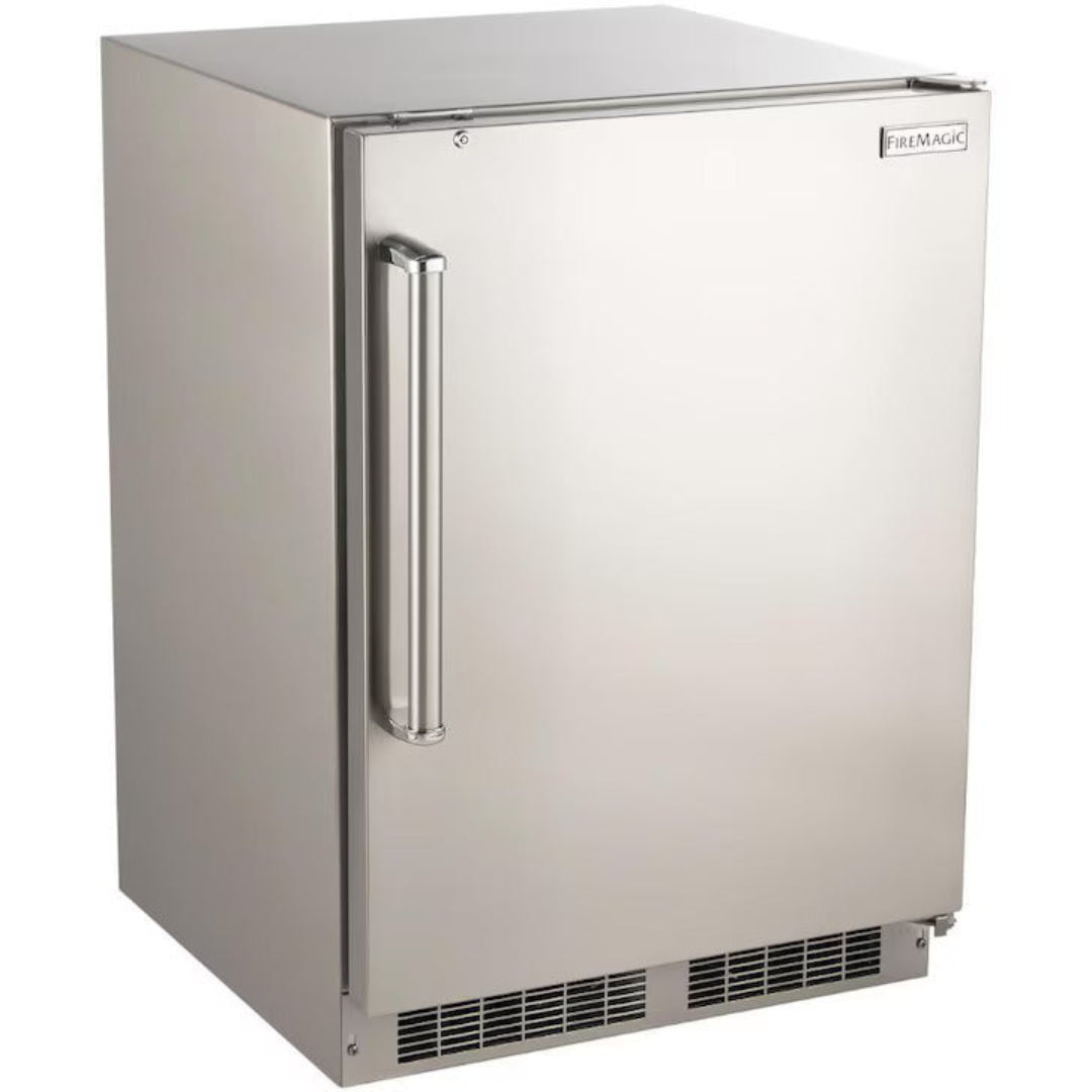 FireMagic 3589DR stainless steel built-in undercounter outdoor refrigerator for outdoor kitchen and grill island, single-door with left-mounted vertical bar handle and front ventilation grille