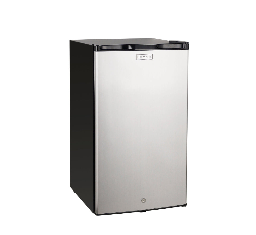 FireMagic 3598A stainless steel door outdoor compact refrigerator lockable undercounter beverage cooler with black cabinet for built-in outdoor kitchen and grill island