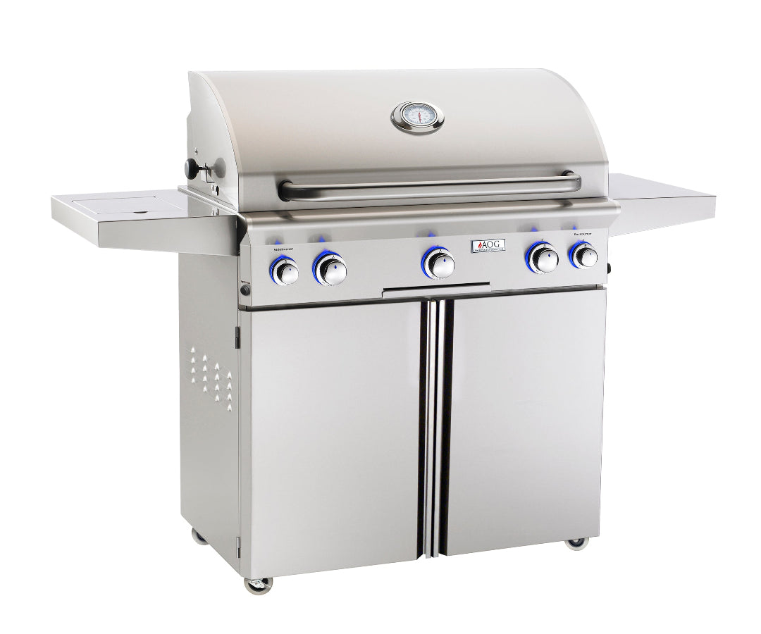 AOG 36PCL 36-inch stainless steel 4-burner outdoor gas grill with side burner, double-door storage cabinet, hood thermometer and blue LED control knobs
