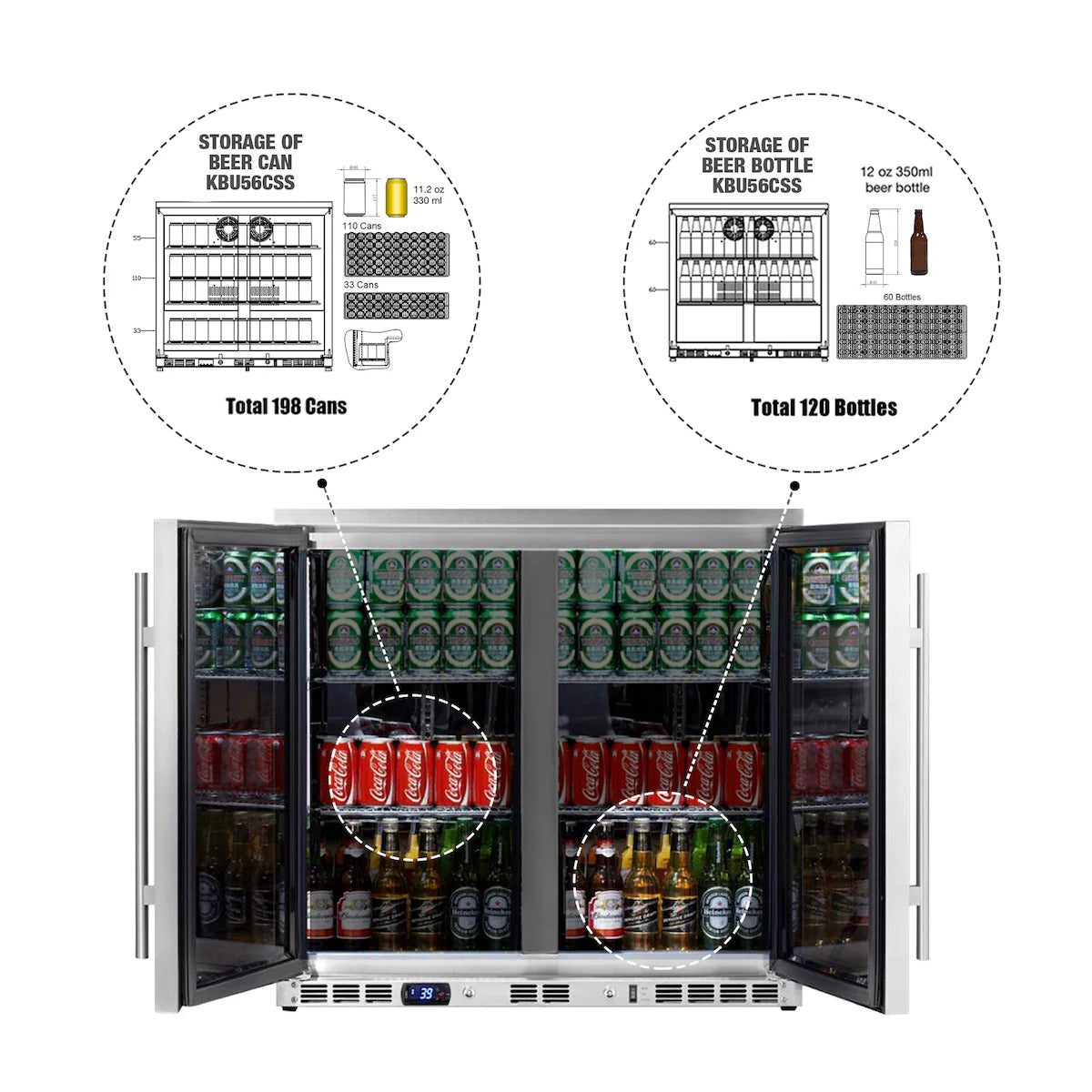 Kings Bottle 36-Inch Heating Glass 2 Door Built In Beverage Fridge