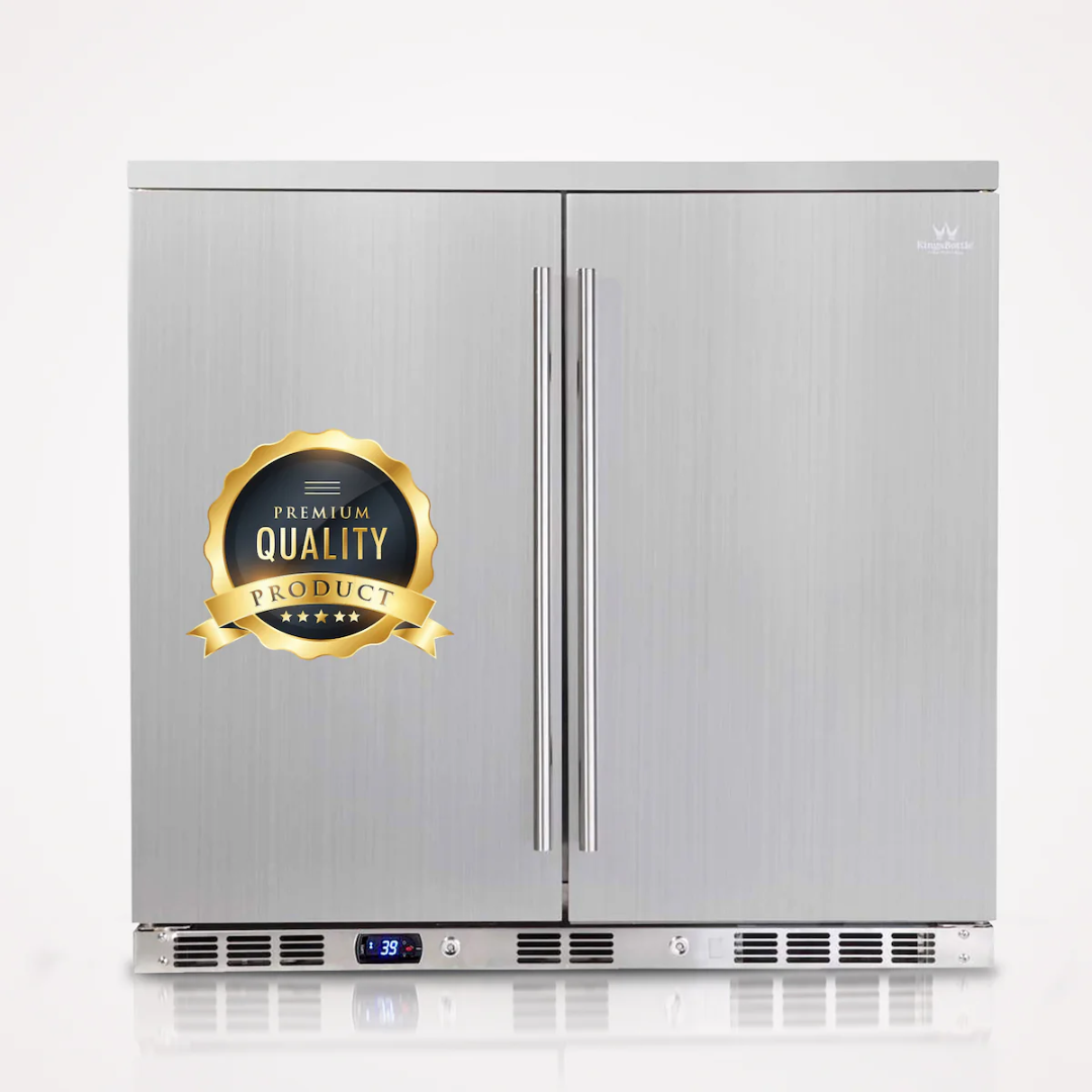 36-inch solid 2-door outdoor beverage refrigerator KBU56ASD stainless steel built-in undercounter outdoor-rated dual-door beverage cooler with digital temperature display for outdoor kitchen
