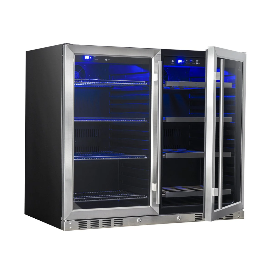 39-inch built-in dual-zone beer and wine fridge combo KBU28LRX undercounter beverage and wine cooler with stainless steel trim, glass doors and blue LED interior