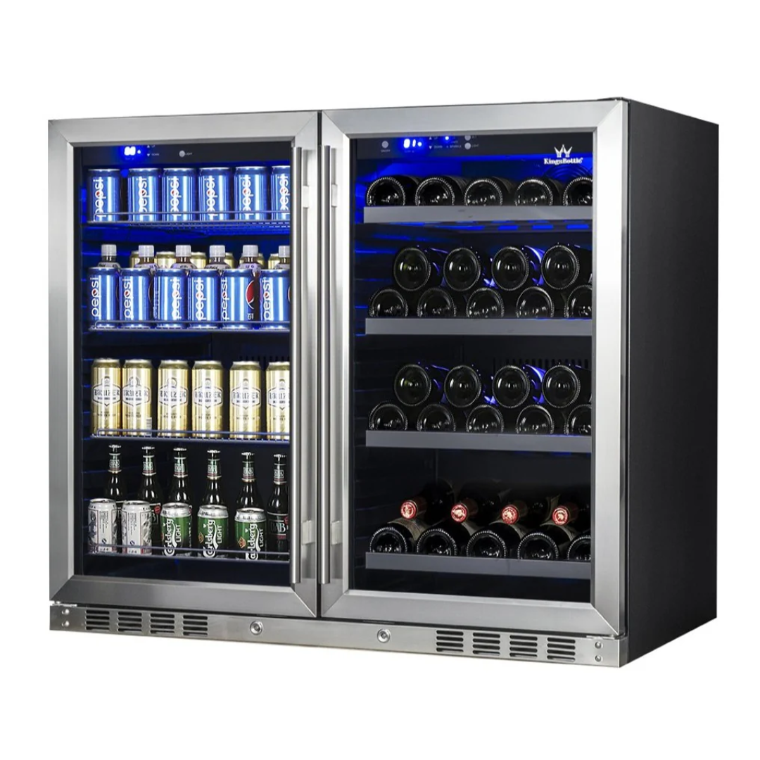 39-inch under-counter dual-zone wine and beer fridge combo KBU28LRX, stainless steel double glass doors, blue LED interior, left-side can and bottle shelving, right-side horizontal wine racks