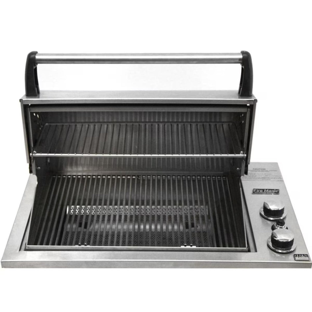 3C-S1S1P-A stainless steel built-in 2-burner drop-in gas grill head with warming rack, main cooking grate and dual control knobs, outdoor kitchen replacement part