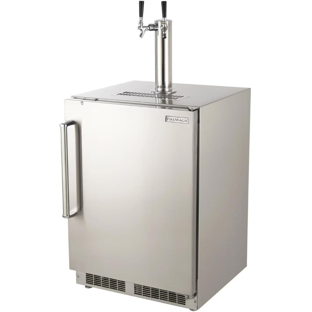 FireMagic stainless steel undercounter two-tap kegerator draft beer dispenser, built-in beer cooler for outdoor kitchen and patio bar