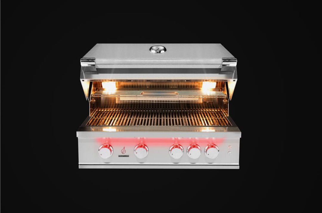 Vine & Flame 4-burner built-in stainless steel gas grill with multi-stop hood, hood thermometer, interior lights, warming rack and illuminated control knobs