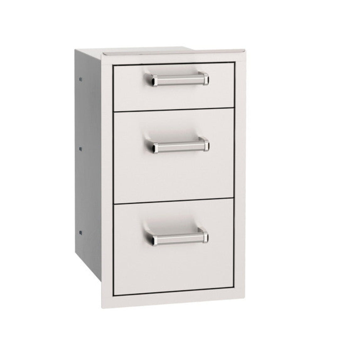 Stainless steel outdoor kitchen 3-drawer built-in island cabinet with tubular bar handles, vertical grill island storage drawers, weatherproof stainless access unit