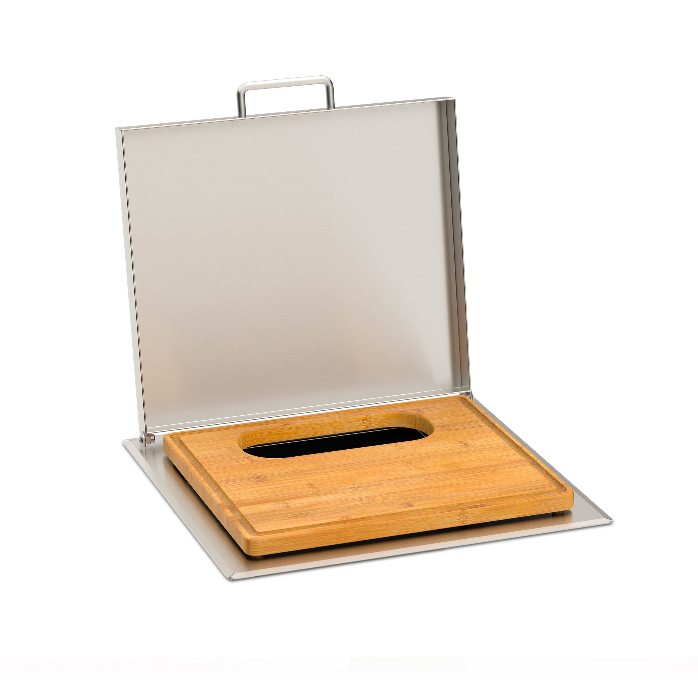 Fire Magic 53816 portable bamboo cutting and charcuterie board with finger‑grip cutout inside stainless steel carrying case for wine and cheese