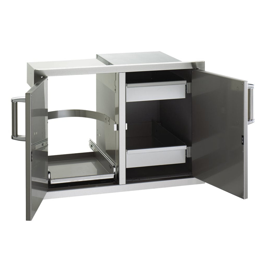 Fire Magic 53930SC stainless steel outdoor kitchen pull-out trash cabinet with double doors, left slide-out trash tray and right dual sliding storage drawers for built-in grill islands