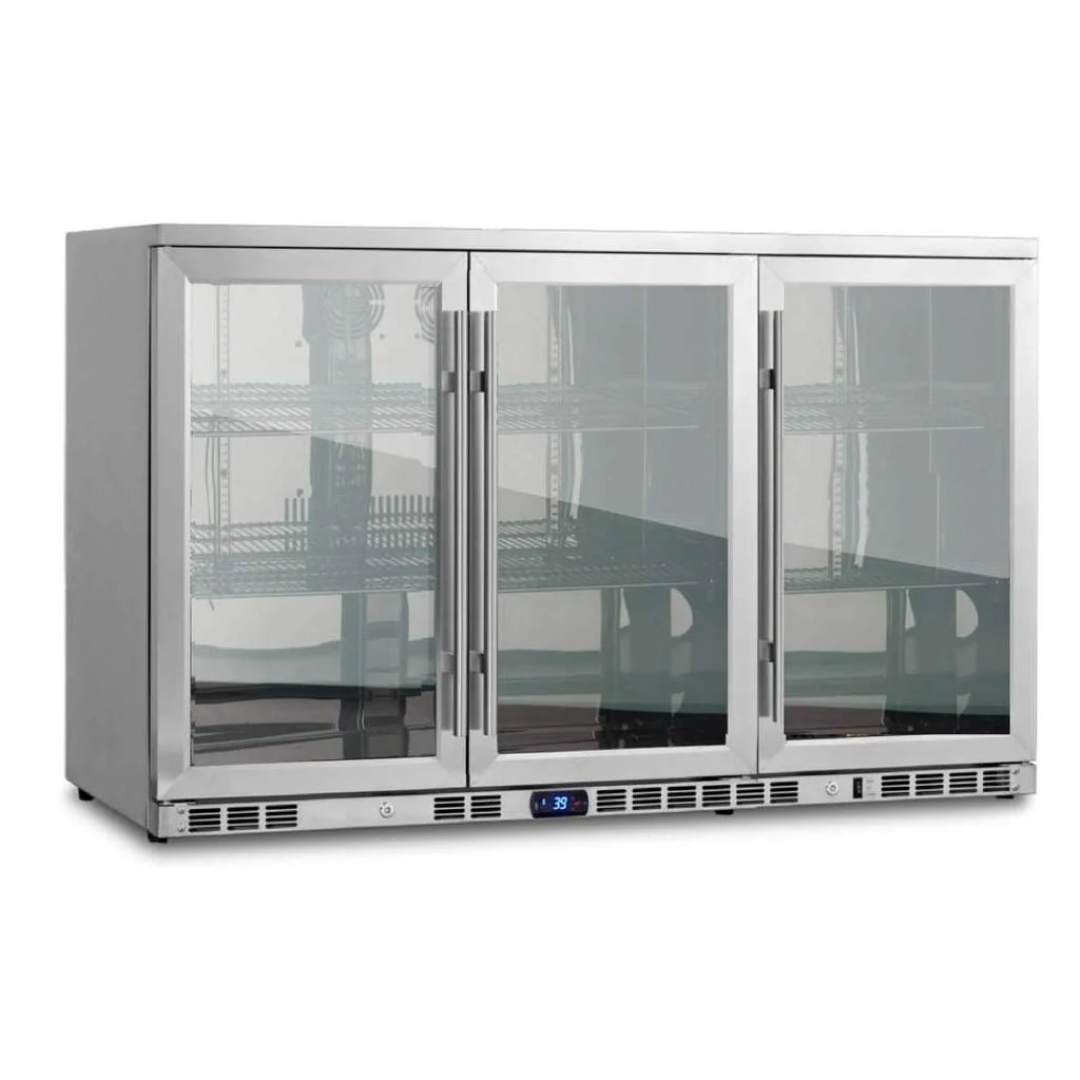 KBU328M 53-inch three-door stainless steel glass commercial beverage refrigerator back bar cooler with digital thermostat display and adjustable wire shelves