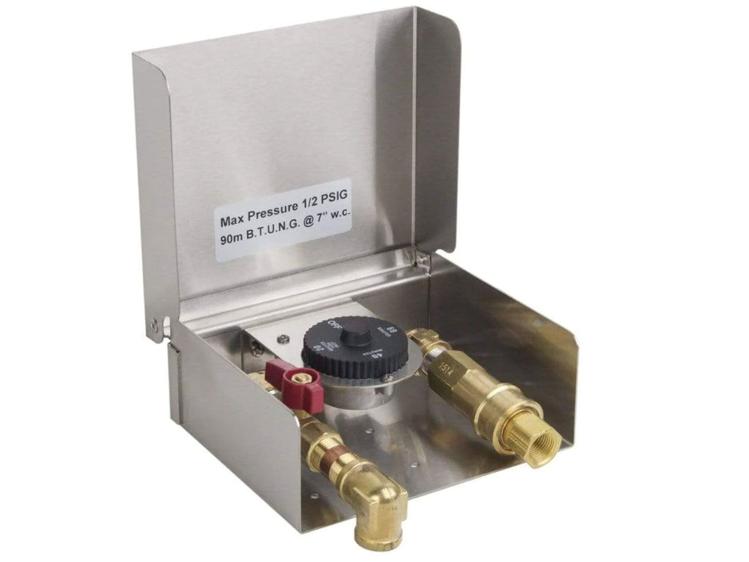 5521-01T stainless steel outdoor natural gas regulator and safety shutoff box for fire pits, 1/2 PSIG max (90,000 BTU @ 7 in. w.c.), black control knob, red ball valve and brass union fittings