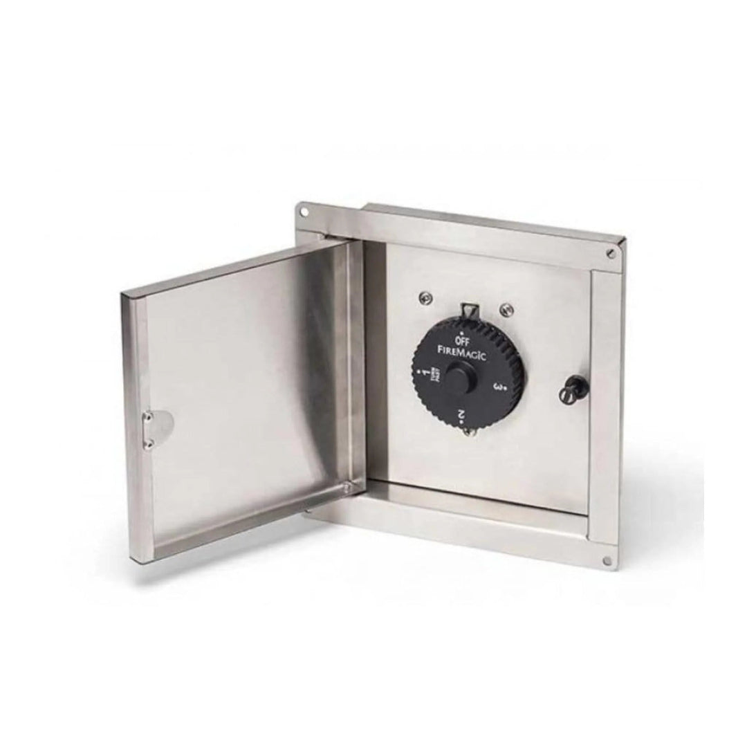 5521-13T stainless steel recessed control box with FireMagic rotary gas valve knob — replacement gas control panel for outdoor fire pit, fire table, or grill