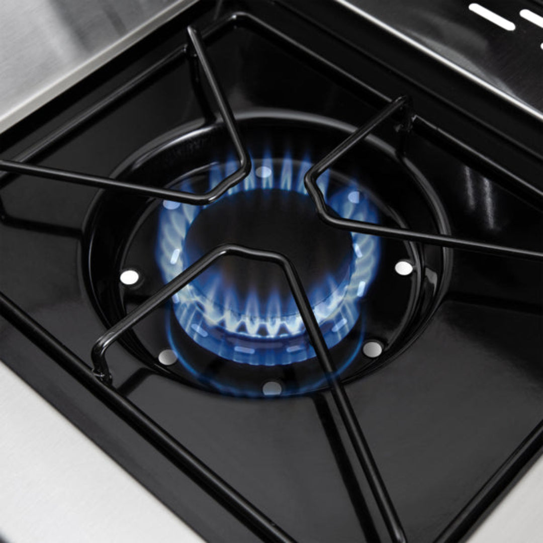 Side burner, Broil King, black enamel finish, active blue flame, close-up view