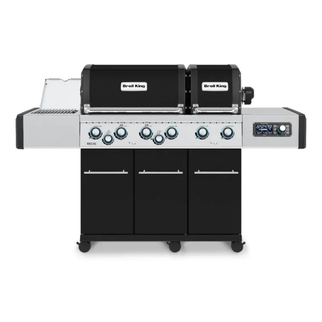 Broil King Regal Q 690 Pro IR 6-burner propane gas grill with infrared rotisserie and side burner, stainless steel control panel, black triple-door cart on casters with digital temperature display for backyard outdoor kitchen BBQ