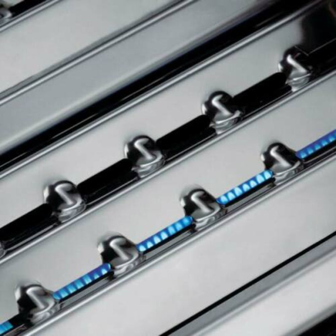 Stainless steel burner system, Broil King grill, linear flame design, precision heat control