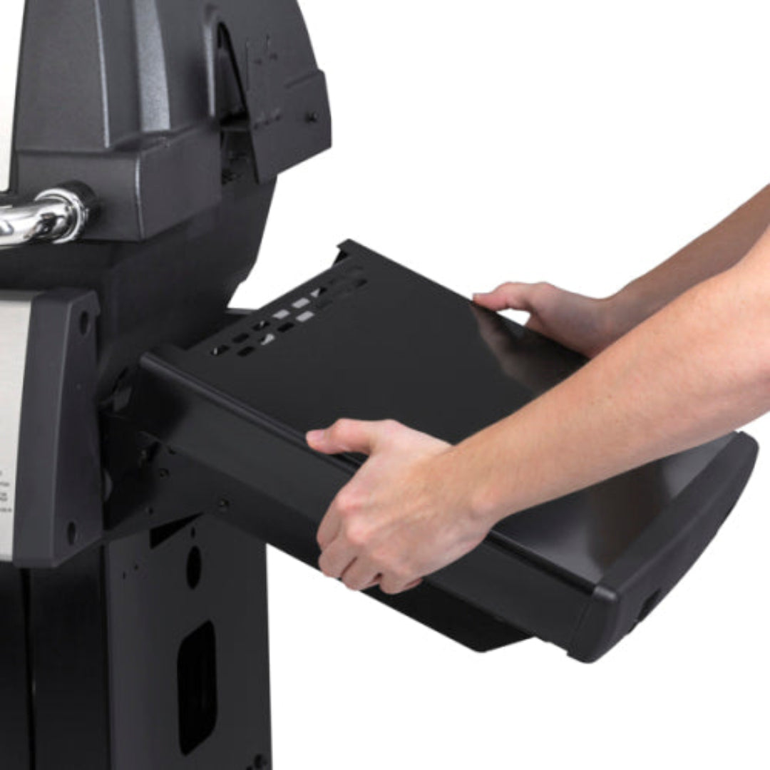 Folding side shelf, Broil King grill, detachable design, space-saving feature