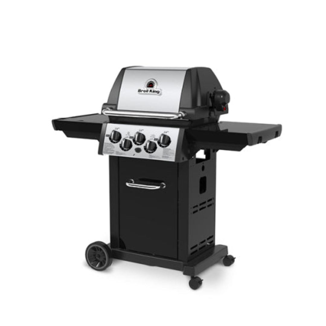 Gas Grill, Broil King, Baron Series, 4-burner freestanding propane grill with black cabinet and stainless steel control panel
