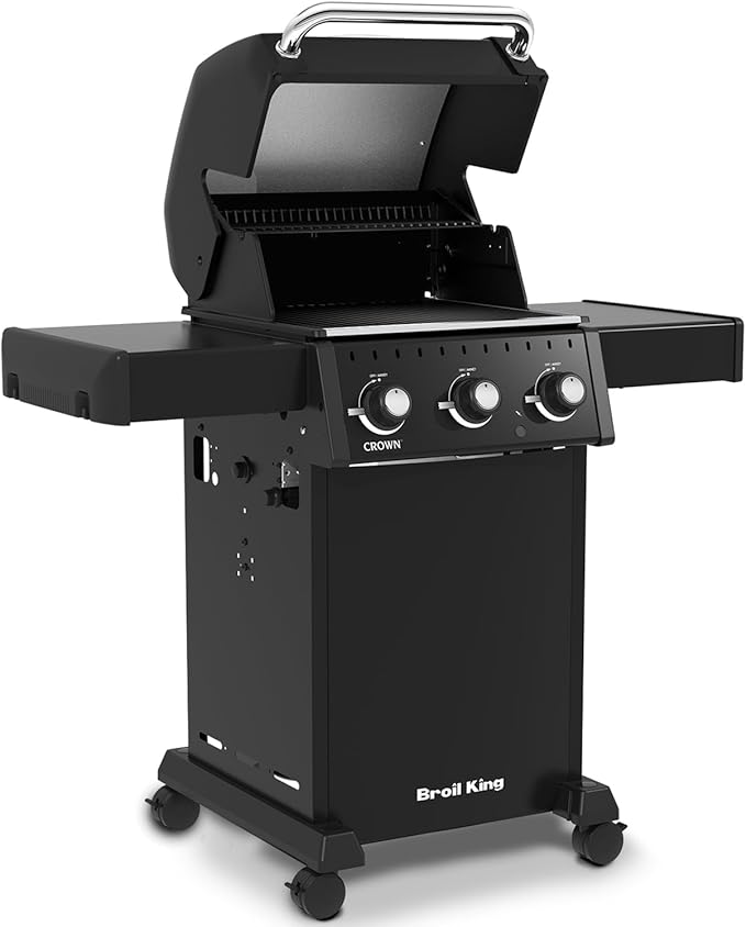Freestanding grill, Broil King, Crown series, 3-burner propane gas model with lid open and side shelves extended.