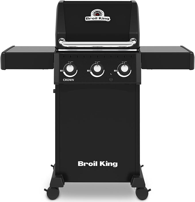 Freestanding grill, Broil King, Crown Series, black finish with three control knobs and foldable side shelves